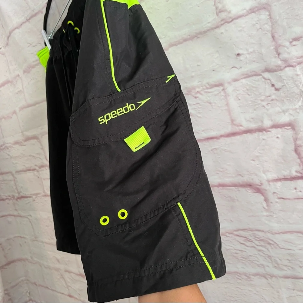 Speedo Black and Neon Green Mesh Swim Trunks Pocket Size XXL 2X Beach Pool